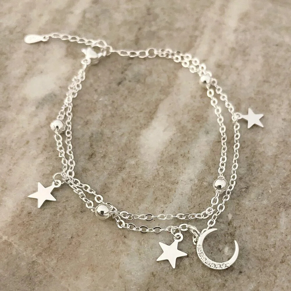 925 Sterling Silver Multi-Layer Bracelet Dainty Moon and Star Bracelet